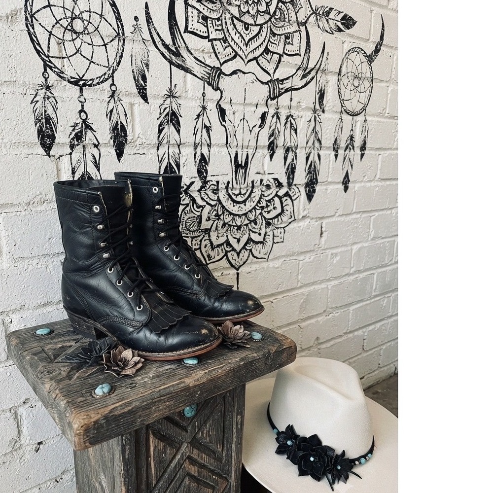 Vintage Black Leather Lace Up Kiltie boho western Cowgirl festival Work Boots
